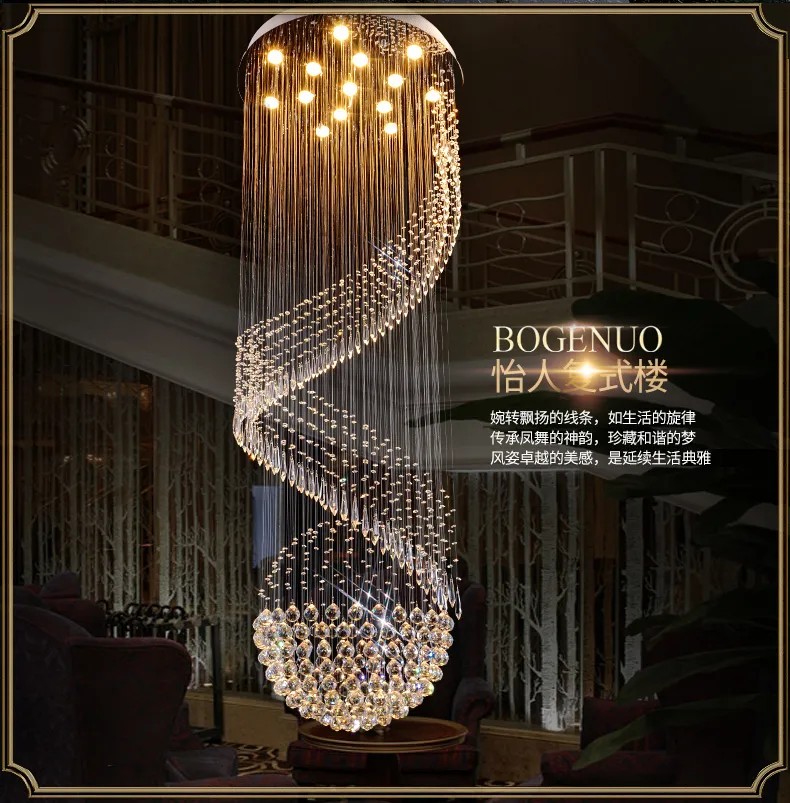 Moderne Kronleuchter LED-Kristall-Kronleuchter-Leuchte, lange Spirale, für Hotel, Villa, Zuhause, Innenbeleuchtung, Wohnzimmer, Lobby, Salon, Hängelampen