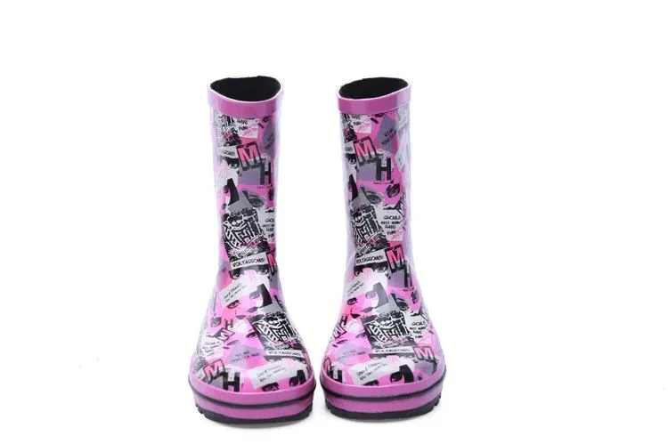 RainBoots Ladies Fashion Rubber Rain Boots Waterproof Women Hot sale 2016 Shoes Mid-Calf Shoes Skid Summer Best Selling Korean Purple Letter