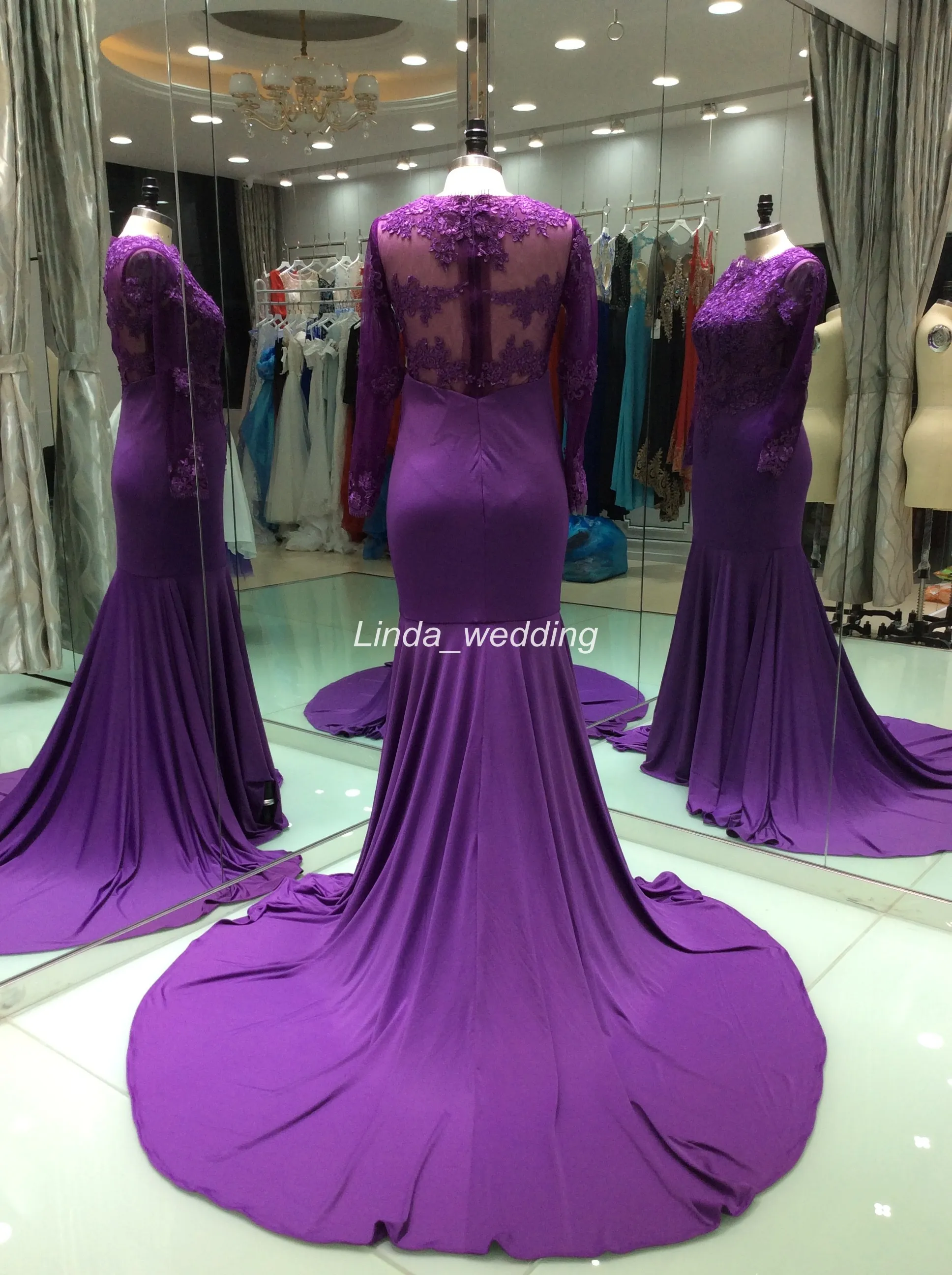 2019 New Arrival Real Photos New Arrival Purple Evening Dress Modest Long Sleeve Lace Applique Formal Party Gown Custom Made Plus Size