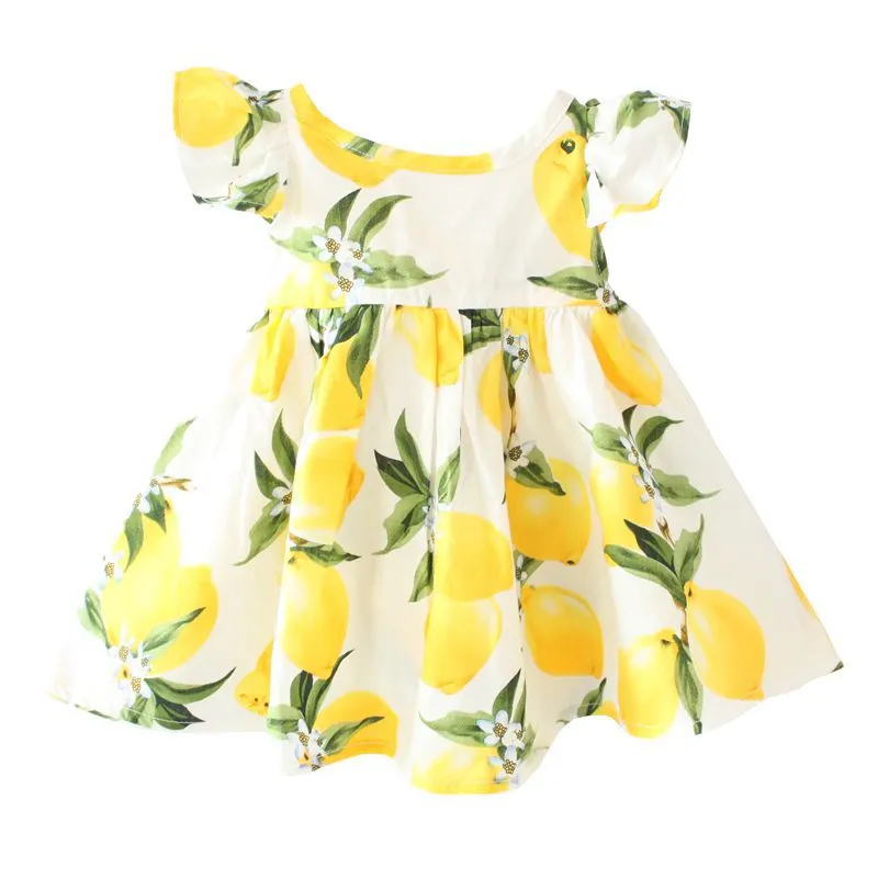 Vestido de playa floral sin espalda para niñas de algodón con limón, vestido bonito de verano con espalda descubierta y cuello halter para niños, vestido de flores vintage gratis