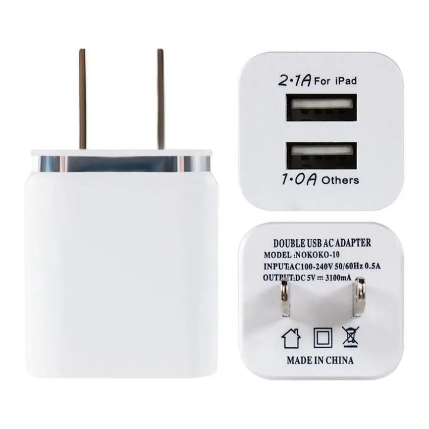 Vente en gros 50ps / lot coloré 2A + 1A prise US adaptateur secteur maison Trave mur 2 ports double chargeur USB pour iPhone 4 5 6 plus pour Samsung htc