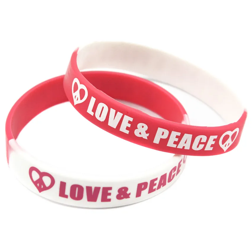 100 Stück Liebe und Frieden Silikonkautschuk-Armband, bedrucktes Logo, Hip-Hop-Stil, segmentierte Farbe, einfache Dekoration