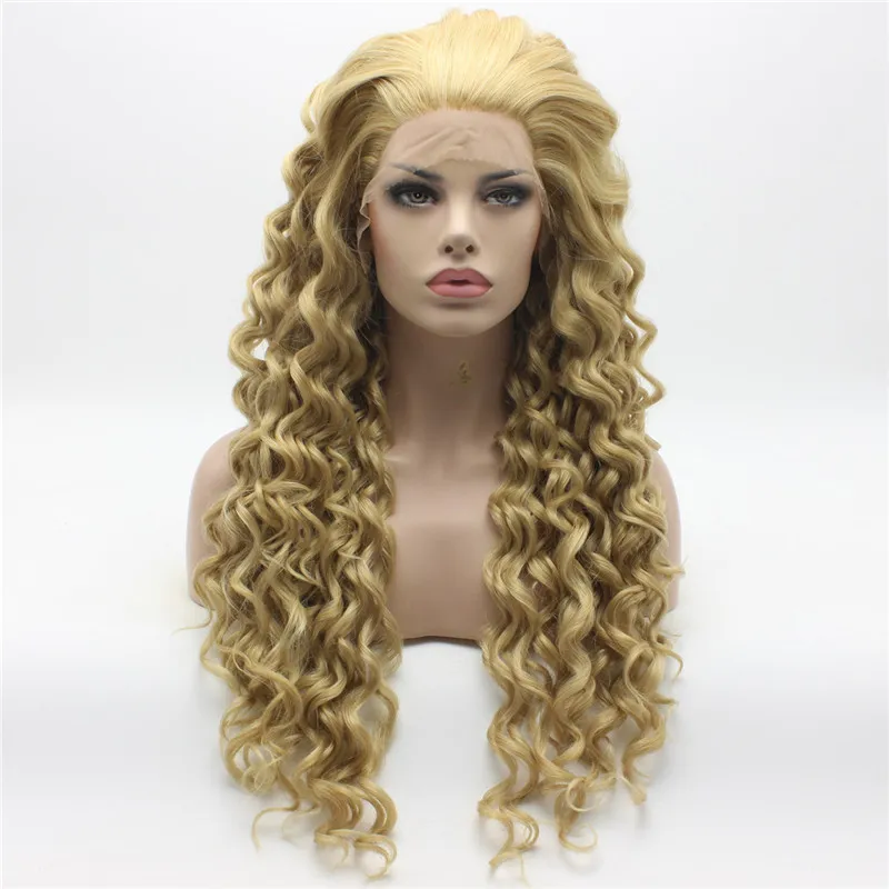 Iwona cabelo encaracolado longo três tons mel loira mix peruca 18 # 613/16 / 27hy meia mão amarrada resistente ao calor peruca dianteira do laço sintético