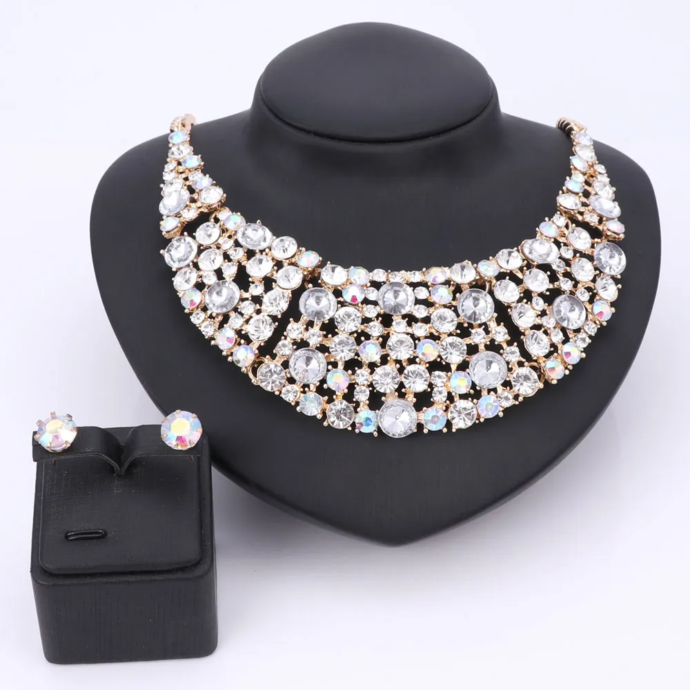 Fashion Crystal Bridal Statement Jewelry Sets Gold Plated Women Gift Party Wedding Prom Necklace Earring Party Dress Accessories