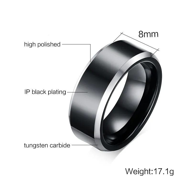 خاتم الزواج 8 مم وسط أسود مطلي مصقول كربيد التنجستن خاتم الزواج للرجال والنساء