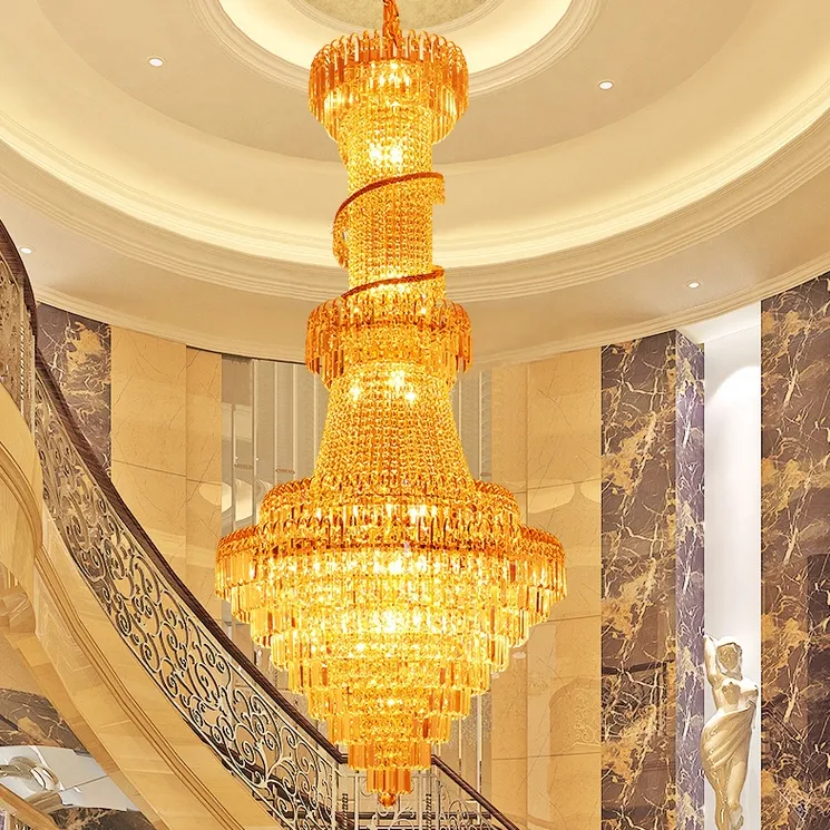 Lustres en cristal d'or Lustres de luxe longs et modernes Luminaire américain Intérieur Foyer Escalier Hôtel Restaurant Club Spirale Droplight D80cm H180cm