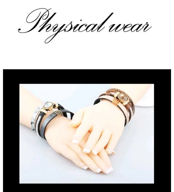 Fashion Trends Multilayer Leather Bracelet Magnetic Clasp Black Brown Alloy Gems stone Bangles Jewelry High Quality