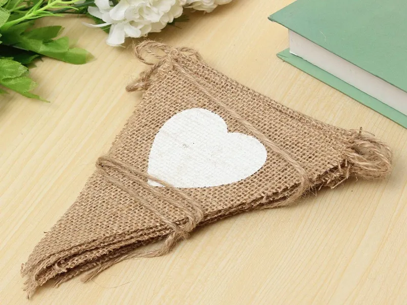 Fast Shipping 13 flags Love Heart triangle Pennant Jute Burlap Bunting Banner With White Heart For Wedding Party