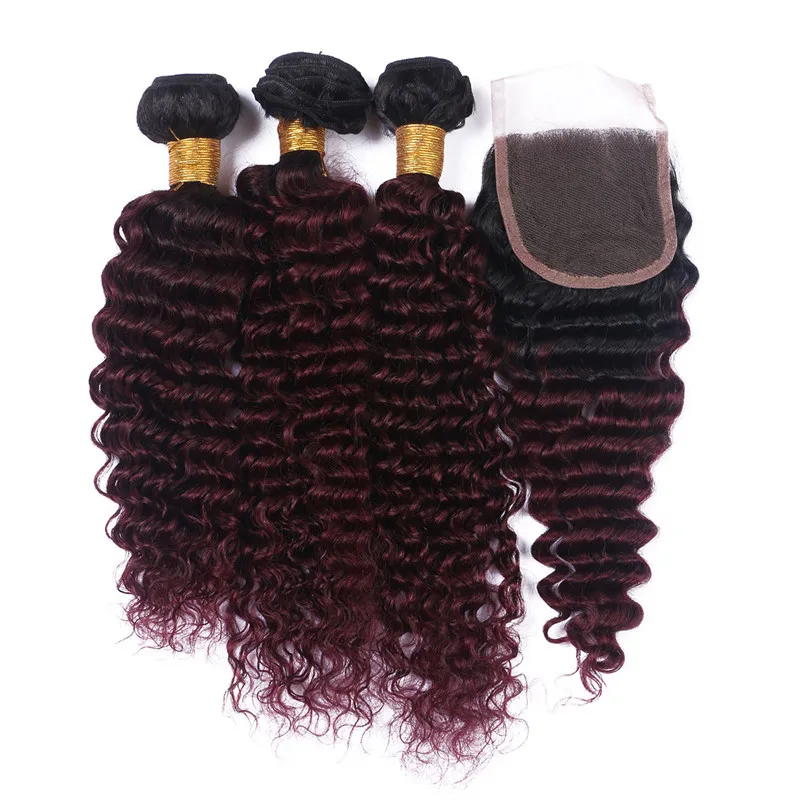 Onda profunda 1B / 99J Wine Red Two Tone Ombre cabelo humano brasileiro tece com fecho Burgundy Ombre 3Bundles Com 4x4 Frente Lace Encerramento