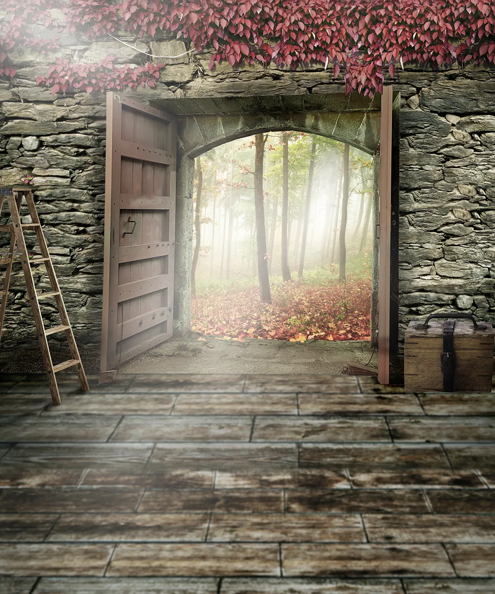 Retro Vintage Wooden Door Photography Backdrops Brick Wall Outside Forest Natural Scenery Backgrounds for Photo Studio