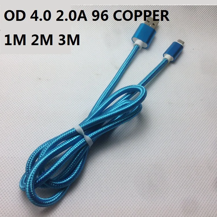 1M OD 4.0 2.0A 96 Koper Snelheid Laad Aluminium Metalen Nylon Gevlochten Kabel Micro USB Gegevenssynchronisatie Oplaaddraad Type C 300PCS