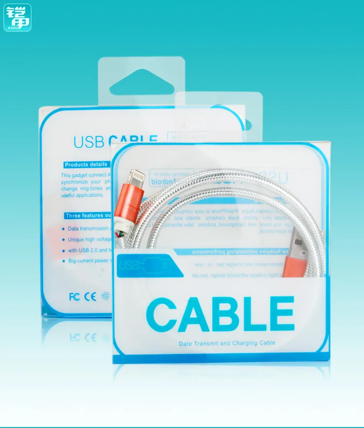 Paquet de boîte d'emballage de vente au détail en plastique PVC Blister de mode en gros pour iphone USB boîte de câble micro usb boîte de chargeur usb