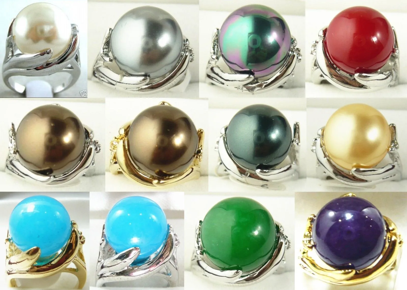 Wholesale cheap 14mm white gray black red yellow red green shell pearl / jade 18 KGP ring