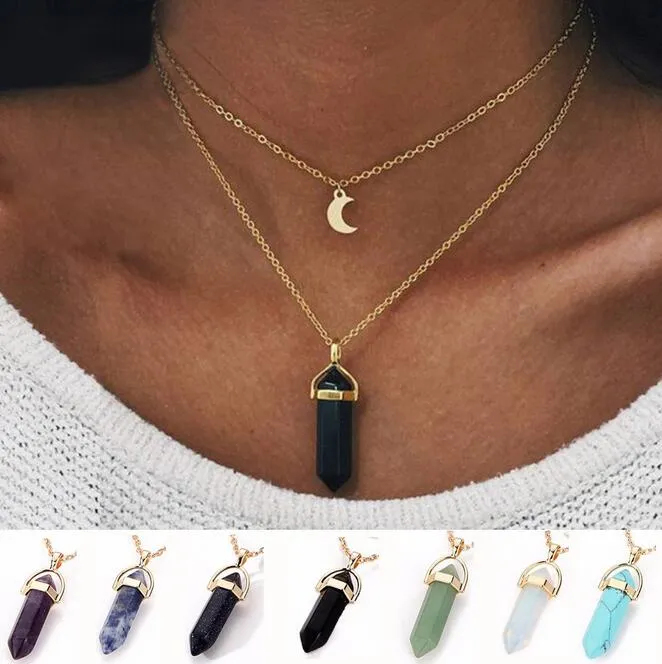 Tout nouveau mode simple femmes grand collier lune pendentif hexagonal printemps chaud nouveau WFN395 (avec chaîne) ordre de mélange 20 pièces par lot