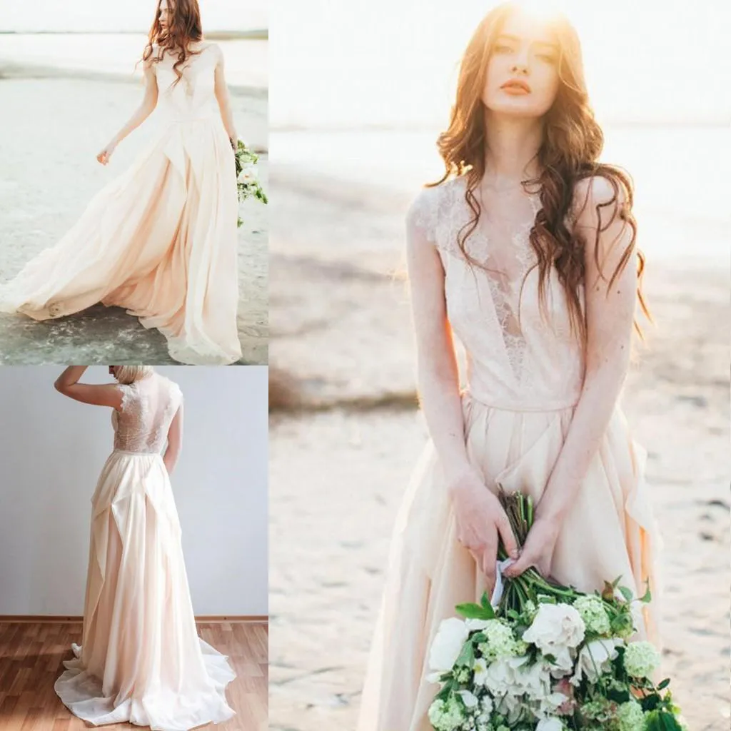 2017 Beach Bohemian Style Pearl Pink Chiffon A-Line Bröllopsklänningar Modest Sheer Deep V-Neck Ruched Long Bridal Gowns Custom Made EN4075