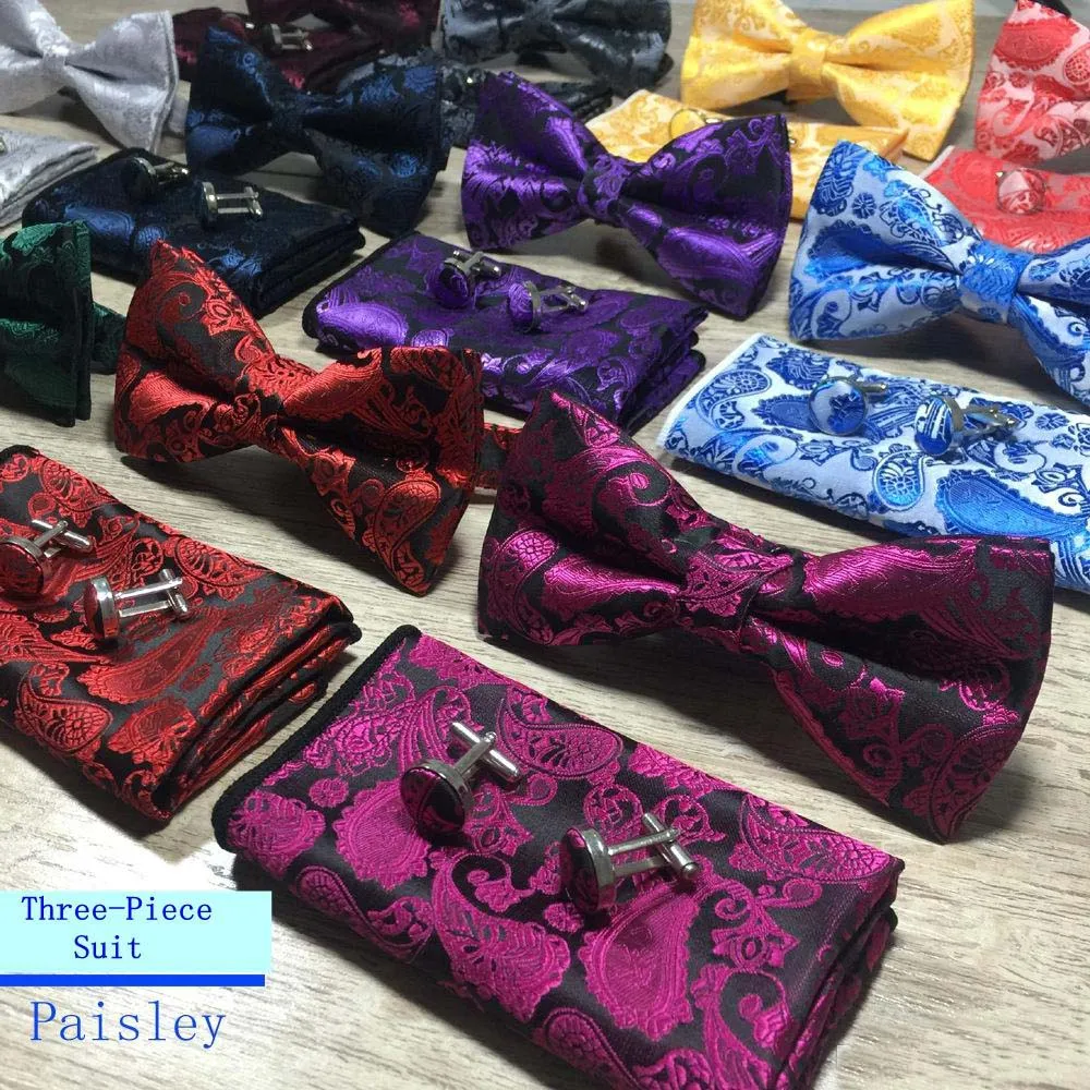 New Design Self Bow Tie And Hanky & Cufflinks Set Silk Jacquard Woven Men Butterfly BowTie Pocket Square Handkerchief Suit Wedding