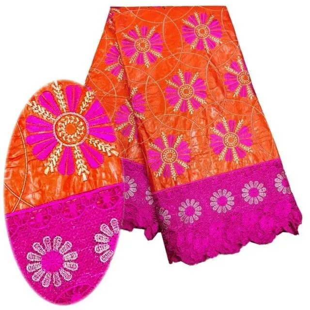 5 y / pc 유행 오렌지 바센 패브릭과 자홍색 수용성 꽃 디자인 자수 아프리카 코드 레이스 드레스 LBL21-2