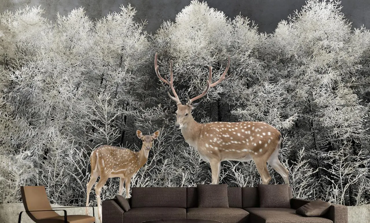 Nordic Belle photo Papier peint Murales Winter Forêt d'hiver Animal de Parede 3D Simple Simple Simplicity TV