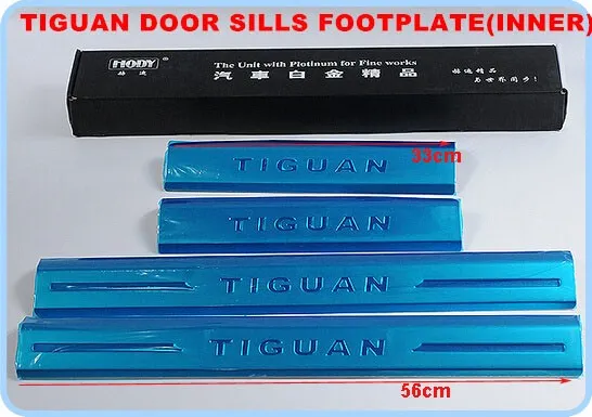 Roestvrijstalen 8 stks 4External + 4 interne deur-dorpels Scuff-voetplaat, bewakingsplaten, beschermingsbalk met logo voor Volkswagen Tiguan 2009-2015