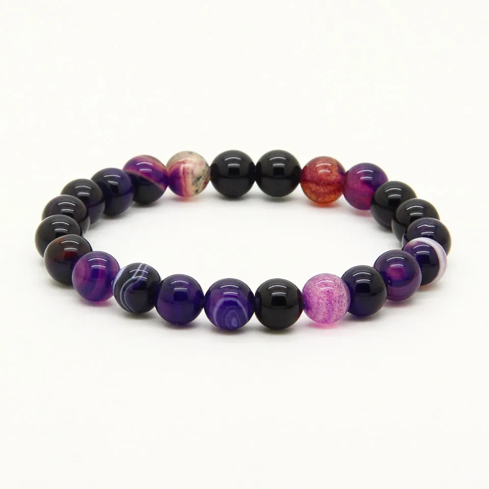 Mix Colors Wholesale 10pcs/lot 8mm Good Quality Blue, Purple, Pink Bandard Agate Stone Beads Energy Elastic Bracelets