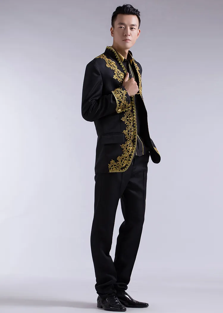Wholesale-NEW Chinese smoking de casamento ouro bordado applique homens brancos para homens de casamento de ouro ternos