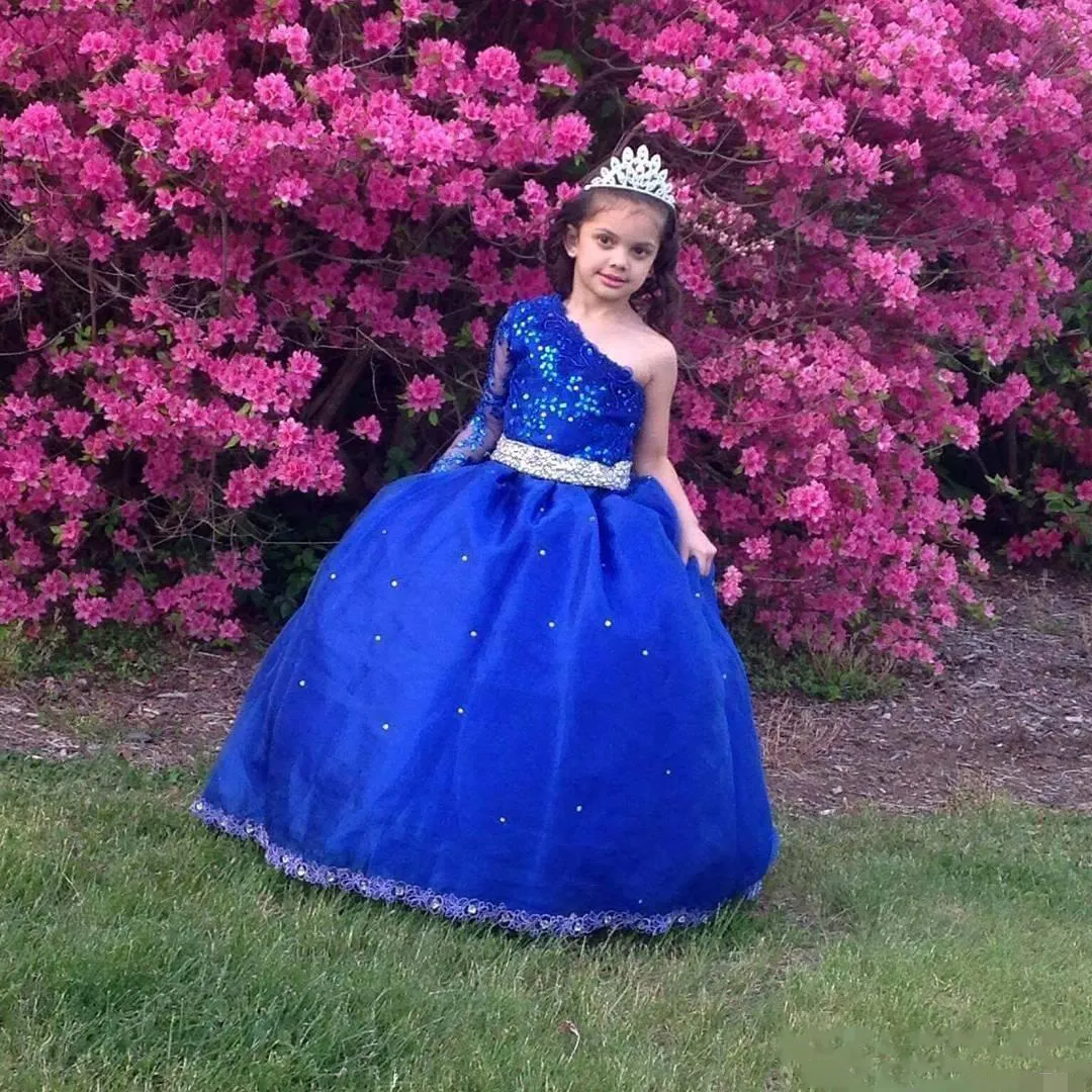 Royal Blue Girls Pageant Jurken Taille Beaded One Schouder Kant Applicaties Bloem Meisjes Jurken Lange Mouwen Kids Prom Jurk Verjaardagstoga