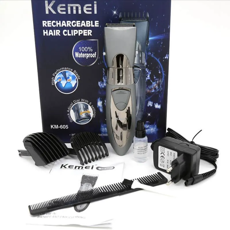 KEMEI KM-605 homem e crianças aparadores de cabelo de barba elétrica aparadores de cabelo elétrico trimmer lâmina de aço inoxidável recarregável
