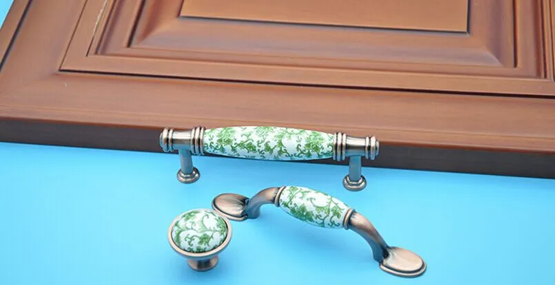 96mm Europe style white and green porcelain furniture handle red bronze cabinet drawer pull knob antique copper dresser handle