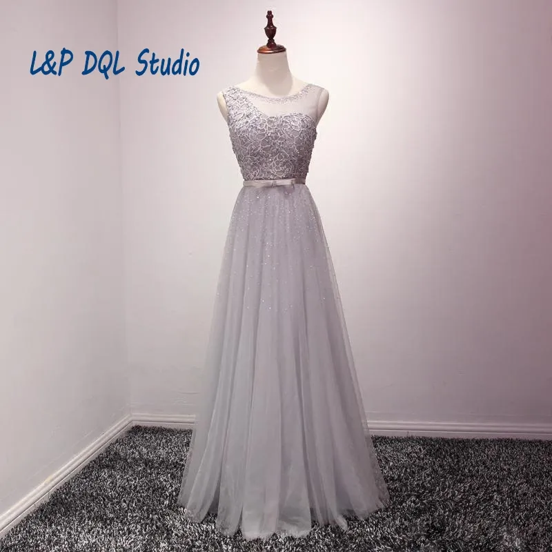 Prawdziwe zdjęcia Tulle Suknie Wieczorowe Długa Prom Dress Scoop Koronki z koralikami Cekiny Lace-up Back