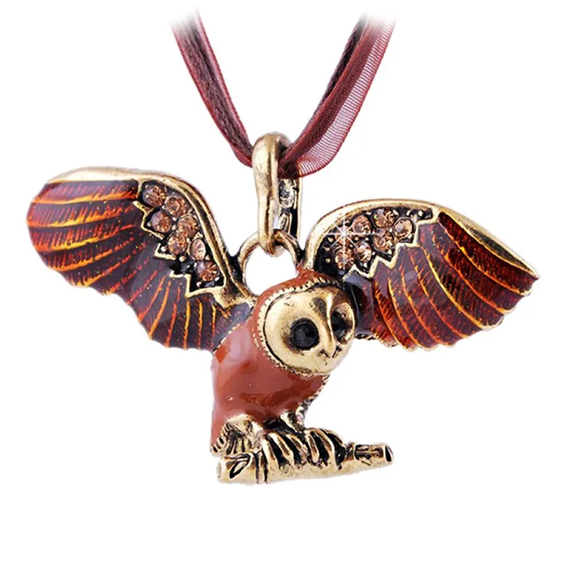 Vintage Enamel Owl Charm Pendant Necklace for Women Fashion Necklaces Lace Wax Rope Chain Vintage Bronze Jewelry Wholesale 