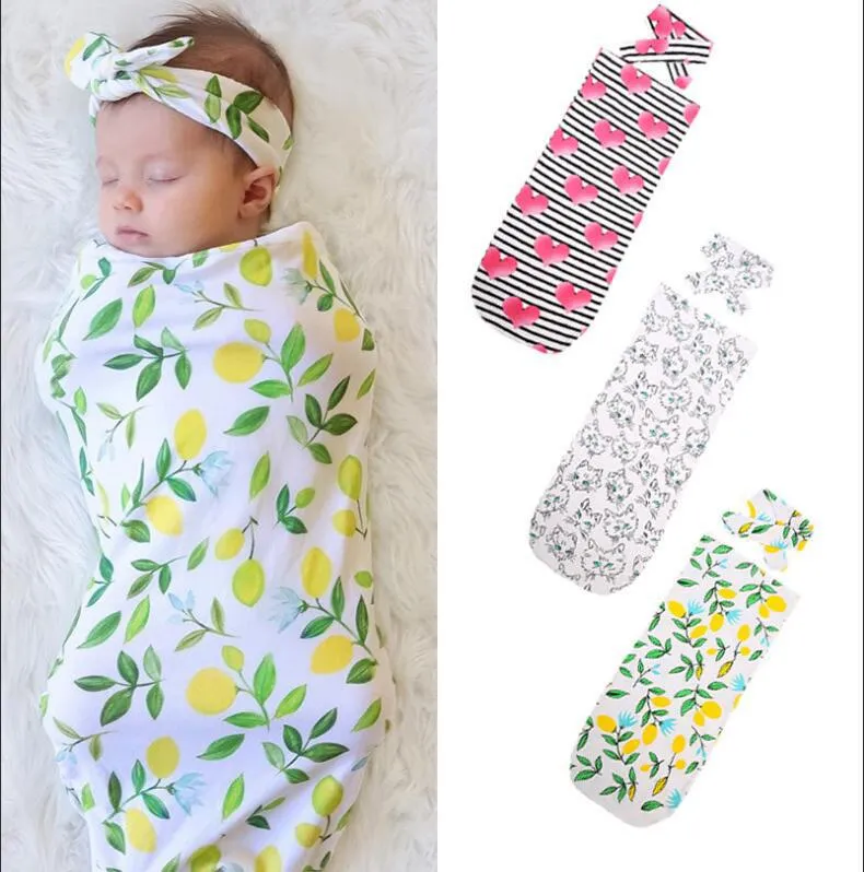 Nieuwe Baby Slaapzak Cartoon Pasgeboren Dekens Wraps Lemon Stripe Gedrukt Swaddle + Bows Haarbanden 2PC Sets Baby Deken C2173