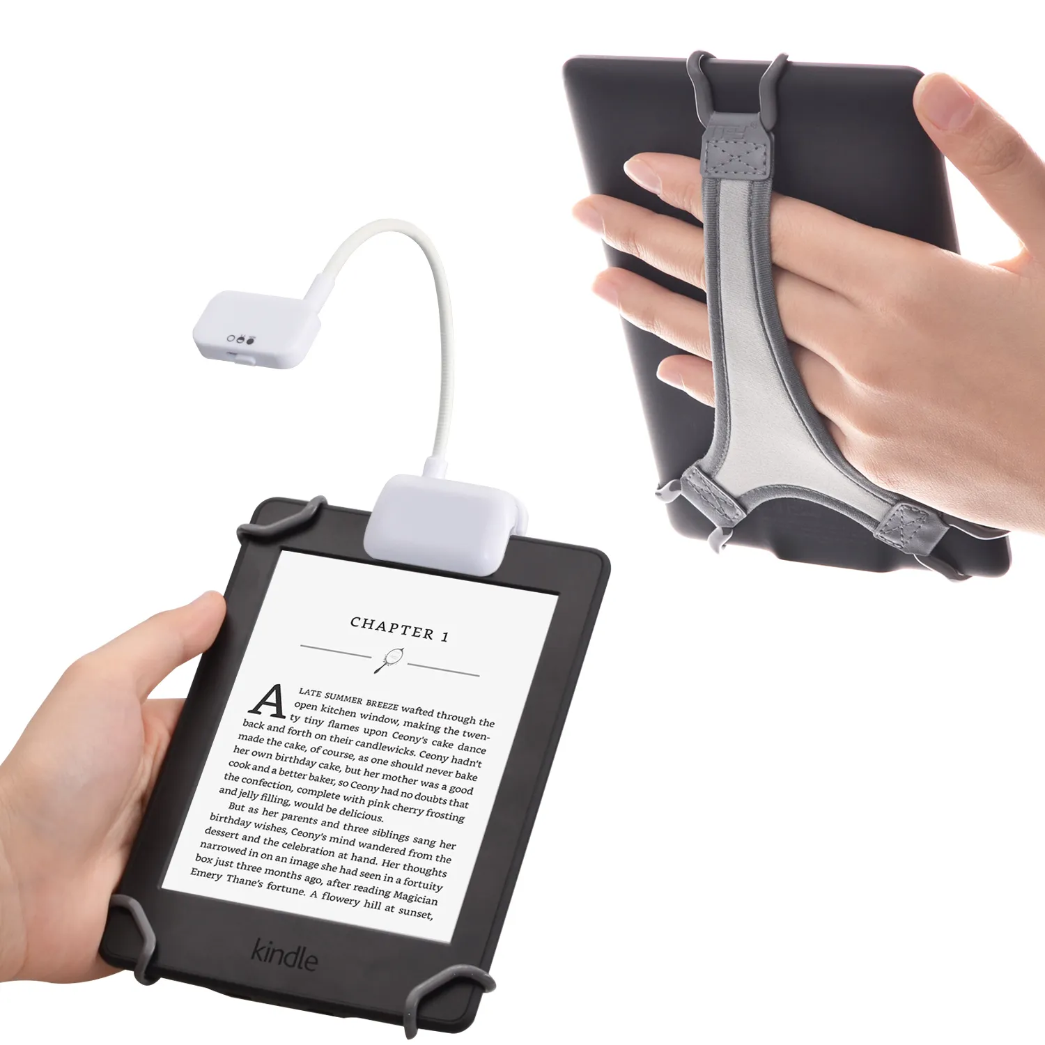 TFY Clip-on LED-leeslamp met 2 niveaus van lumenintensiteit voor tabletten, boeken plus bonus handriemhouder voor 6 inch Kindle E-lezers