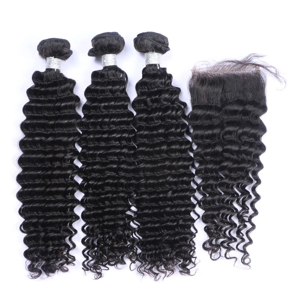 Cheveux bouclés brésiliens vierges tisse 3 faisceaux avec fermetures en dentelle péruvienne malaisienne cambodgienne indienne mongole profonde Jerry cheveux bouclés