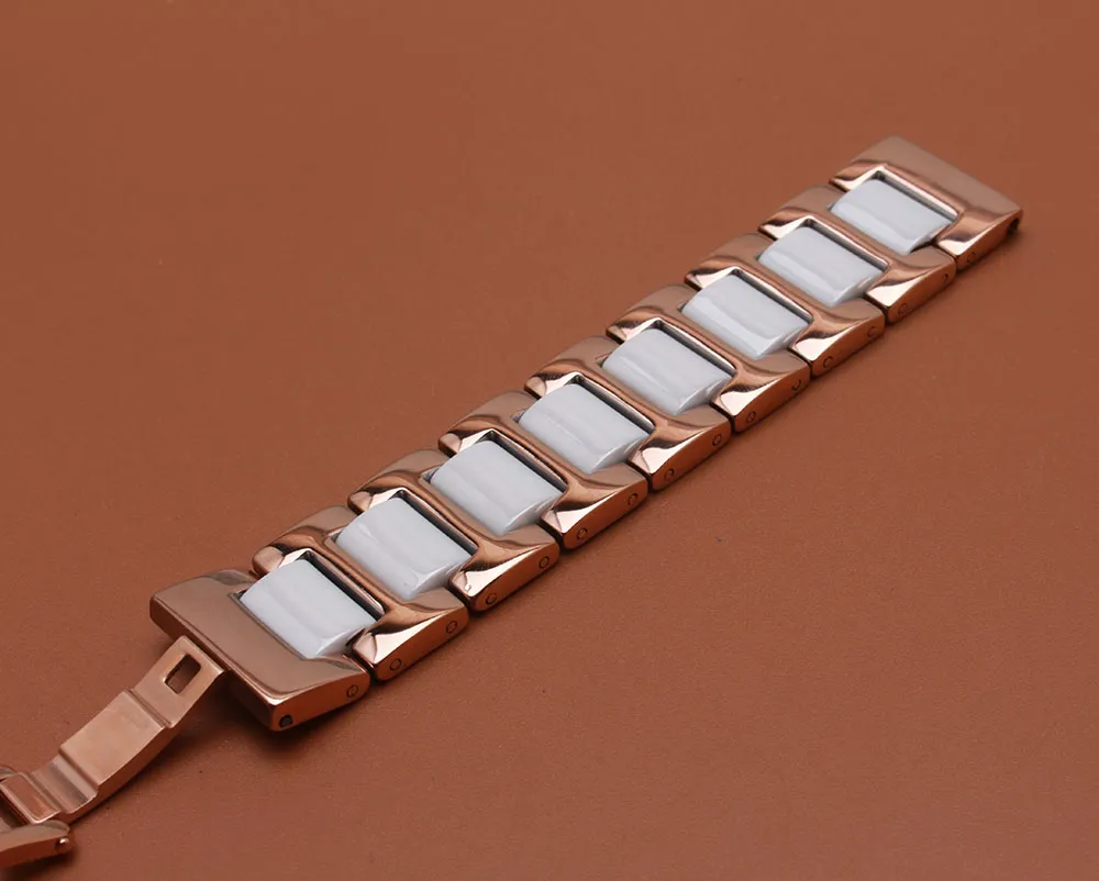 Raka ändar Watchband Rosegold rostfritt stål metall wrap vit keramisk klocka armband remmode på sommaren 14mm 16mm 18mm 201534413