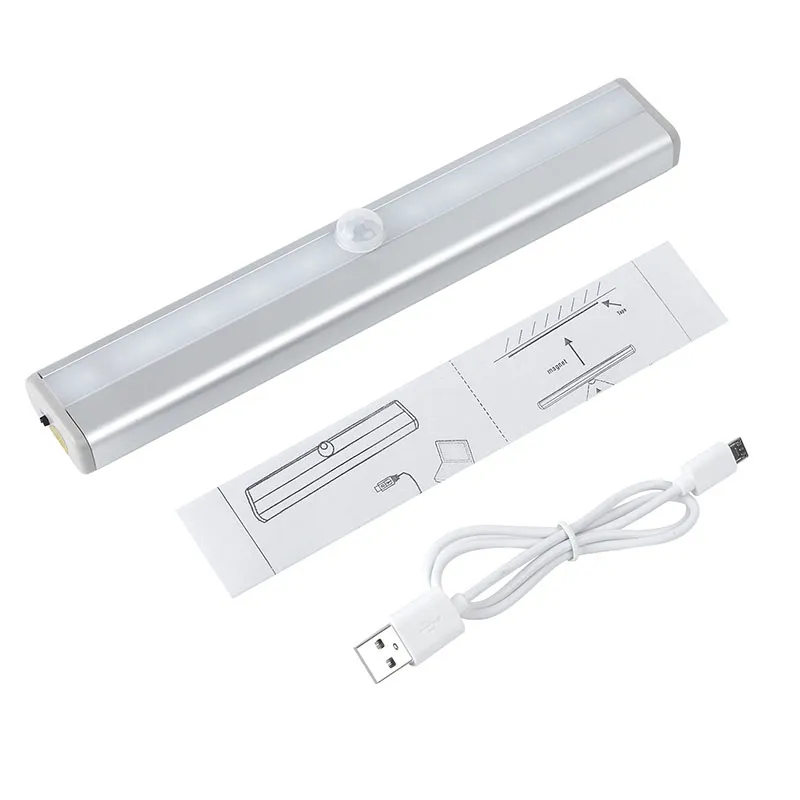 LED Motion Sensor Night Lights 10pcs LED 200LM مصباح طوارئ تحريض الجسم مع USB قابلة لإعادة شحنها لعداد مخزن خزانة الخزانة