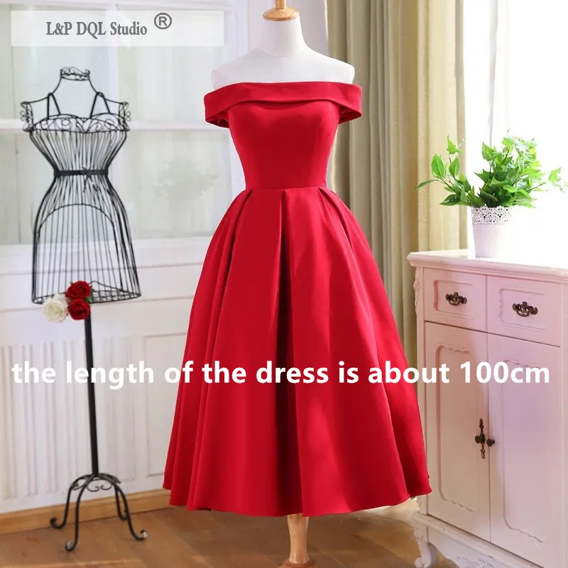 Elegagnt Red Satin Prom Dresses Strapless Tea Length Lace-up/Zipper Back Party Dress Evening Gowns Real Pictures Accept Custom Made