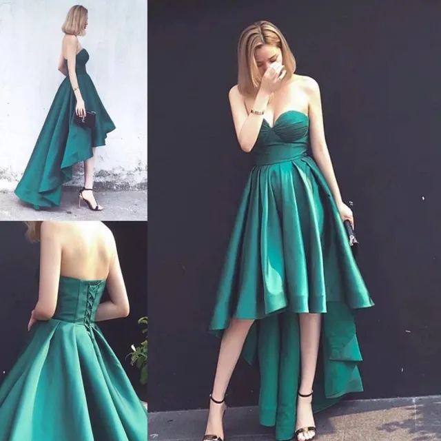 Emerald Green Satin High Low Cocktail Dress with Sweetheart Neckline 2024 Prom Gowns