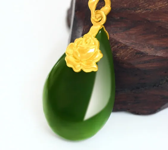 Guld inlaid jade gröna vatten droppar peony blommande blommor charm halsband hängsmycke