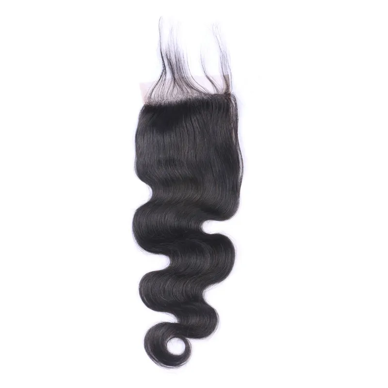 Fermetures de cheveux de vague de corps péruvienne vierge avec des noeuds blanchis 100% de cheveux humains sans fermeture de dentelle moyenne en trois parties G-EASY