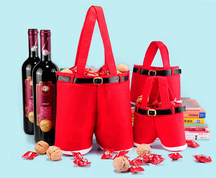 New Creative Merry Christmas Gift Treat Candy Wine Bottle Bag Santa Claus Suspender Pants Trousers Decor Christmas Gift Bag 39.5 * 22 * 9cm