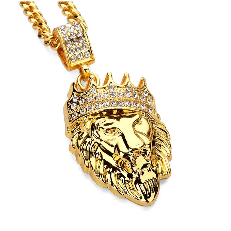 Personalized Crown Lion Head Pendant Necklace for Men Long Chain Necklace 14K Gold Plated Rhinestone Hip Hop Jewelry Party Gift