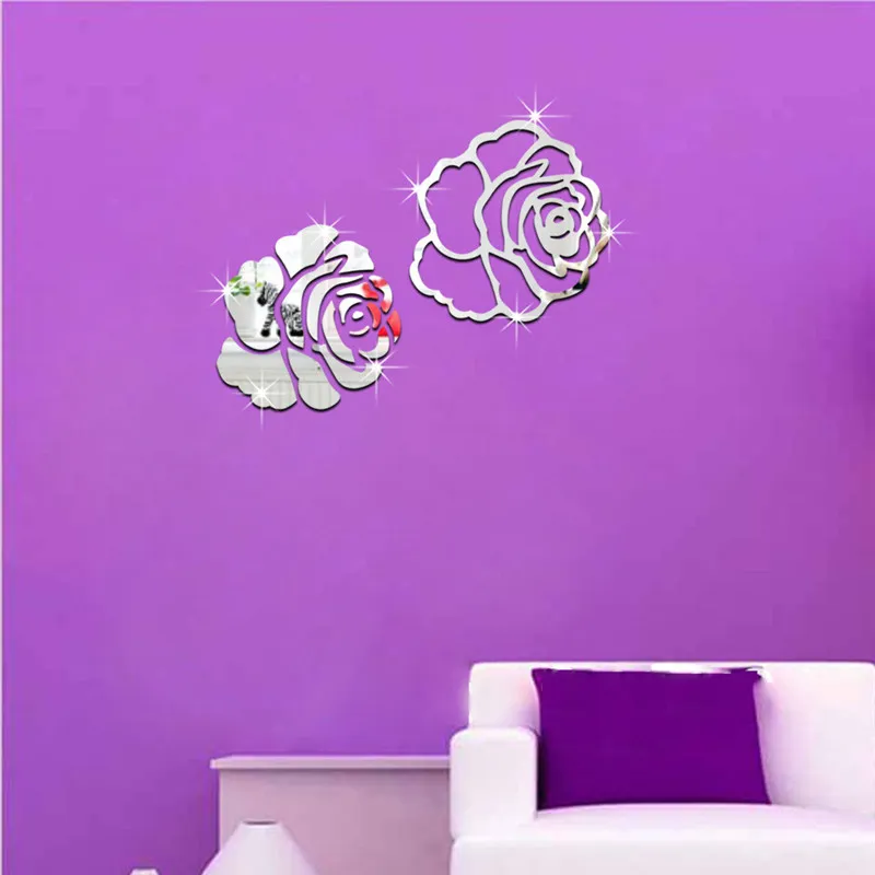 Sticker mural bricolage maison famille décor Rose fleurs miroir 3D décalcomanie chambre décoration accessoire Stickers muraux