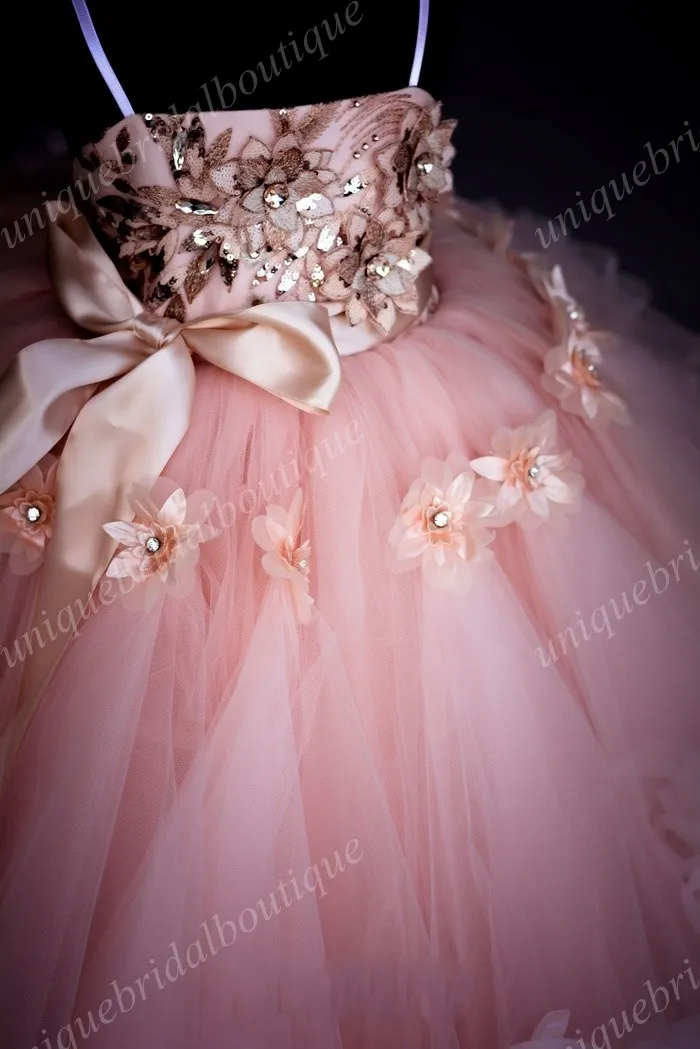 Graduation Dresses Kids Sequins Princess Flower Girl's Dresses with 3D Florals and Ruffles Skirt Real Photos Blush Girls Birthday Gowns