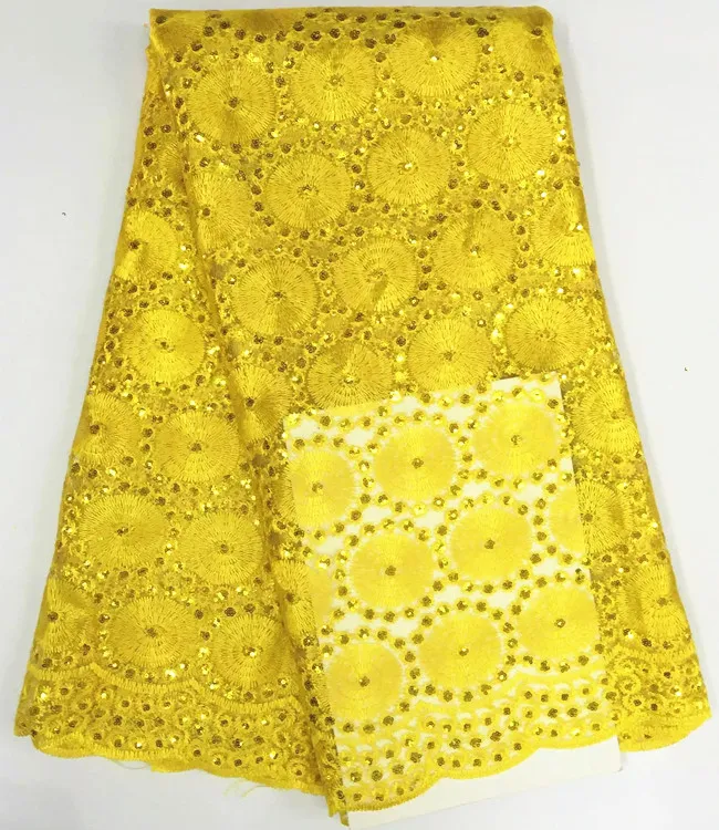 5 Y / pc Maravilhoso bordado amarelo africano malha rendas com pequenas lantejoulas flor tecido de renda líquida francês para roupas de festa BN49-7