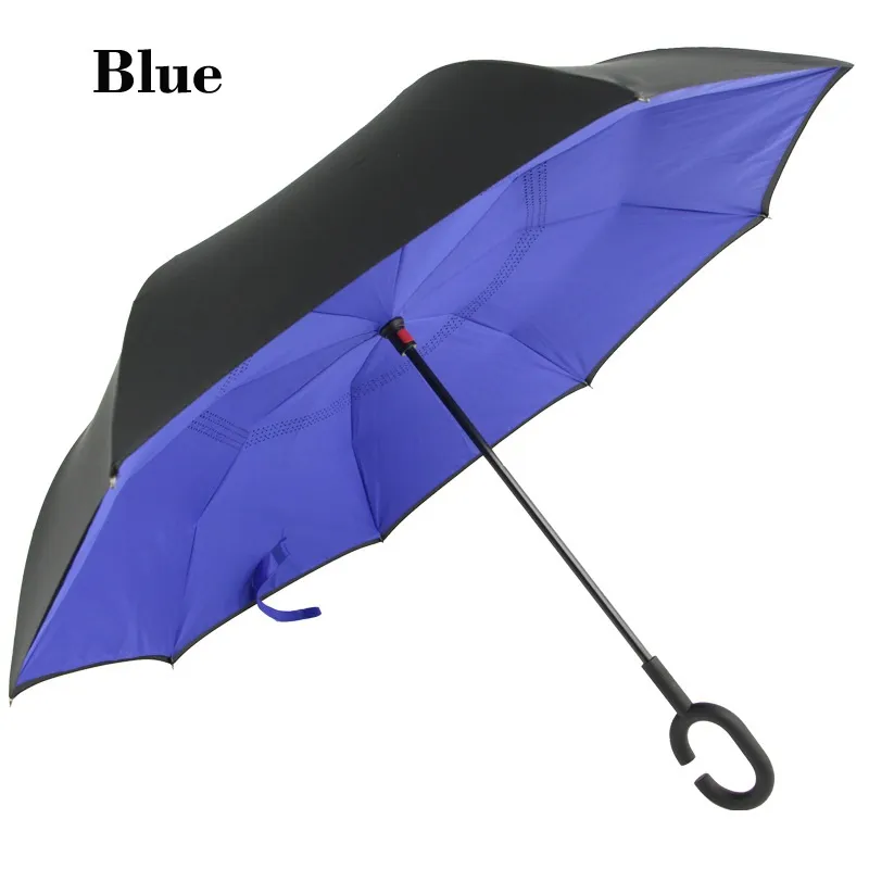 Self Standing Inside Out Inverted Umbrellas Double Layer Reverse Rainy Sunny Umbrella with C Handle Special Design wa3232