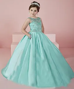 Ny Shinning Girl's Pageant Klänningar 2016 Sheer Neck Beaded Crystal Satin Mint Green Flower Girl Gowns Formell Party Dress för Teens Kids
