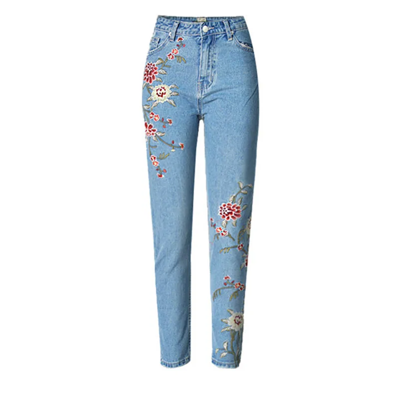 Wholesale- LOLEN Nine Points 3D Embroidered Jeans High Waist Fashion Slim Pants for Women