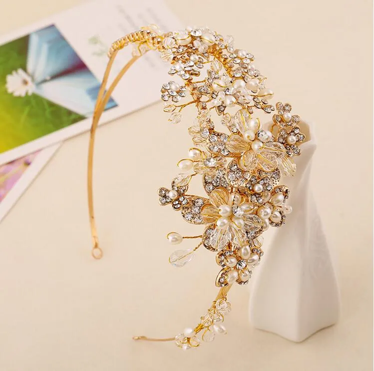 Pearls Wedding Crown Tiaras With Plant Pattern Cheap Bridal Headpiece Flowers Crown Headband Vintage Gold Baroque Crowns For Party6899953