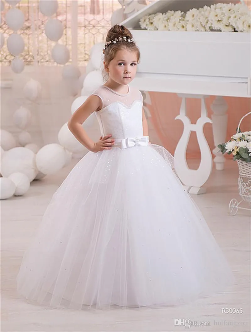 Bling Bling paillettes pizzo fiore ragazze abiti matrimoni senza maniche con lacci indietro bambini indossa abito bianco la comunione matrimonio166i