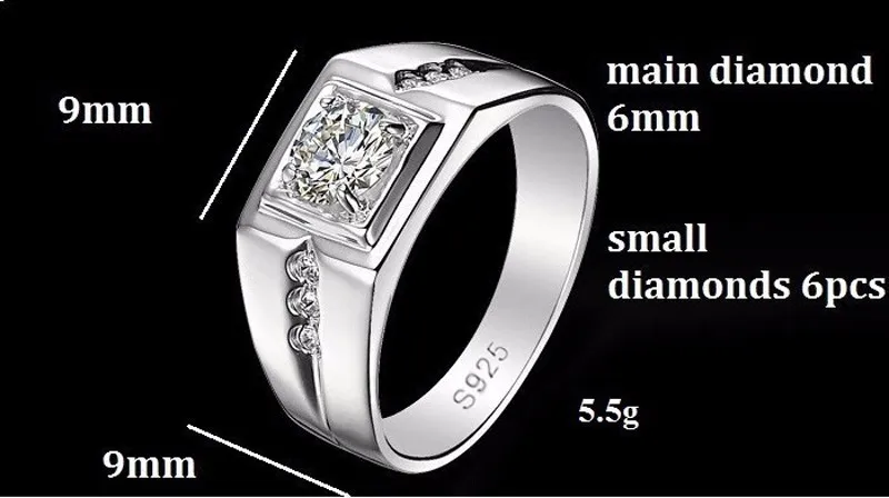 Yhamni Classic Men Zestaw Pierścień 6 mm 1 karat CZ Diamond Pierłogość zaręczynowa 925 Solidna srebrna obrączka dla mężczyzn biżuteria Whatle RJ29N4055929446747